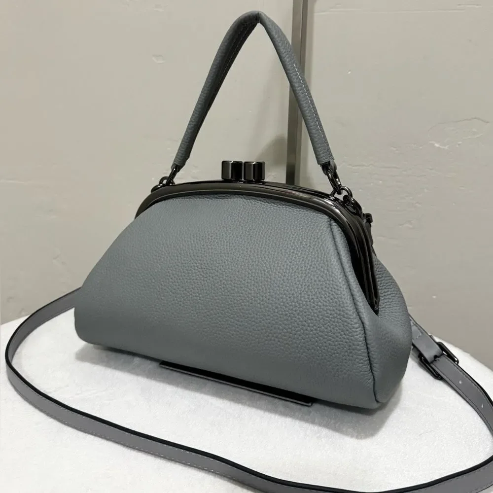Gray Togo Cowhide Calfskin Handmade Kisslock Wristlet, Shoulder Bag, Crossbody